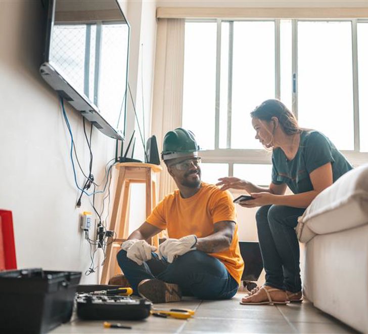 Female homeowner seated on a couch with smartphone in hand talking to a repairman seated on the floor in front of a wall with electrical cables under a flat-panel television while wearing a hard hat.