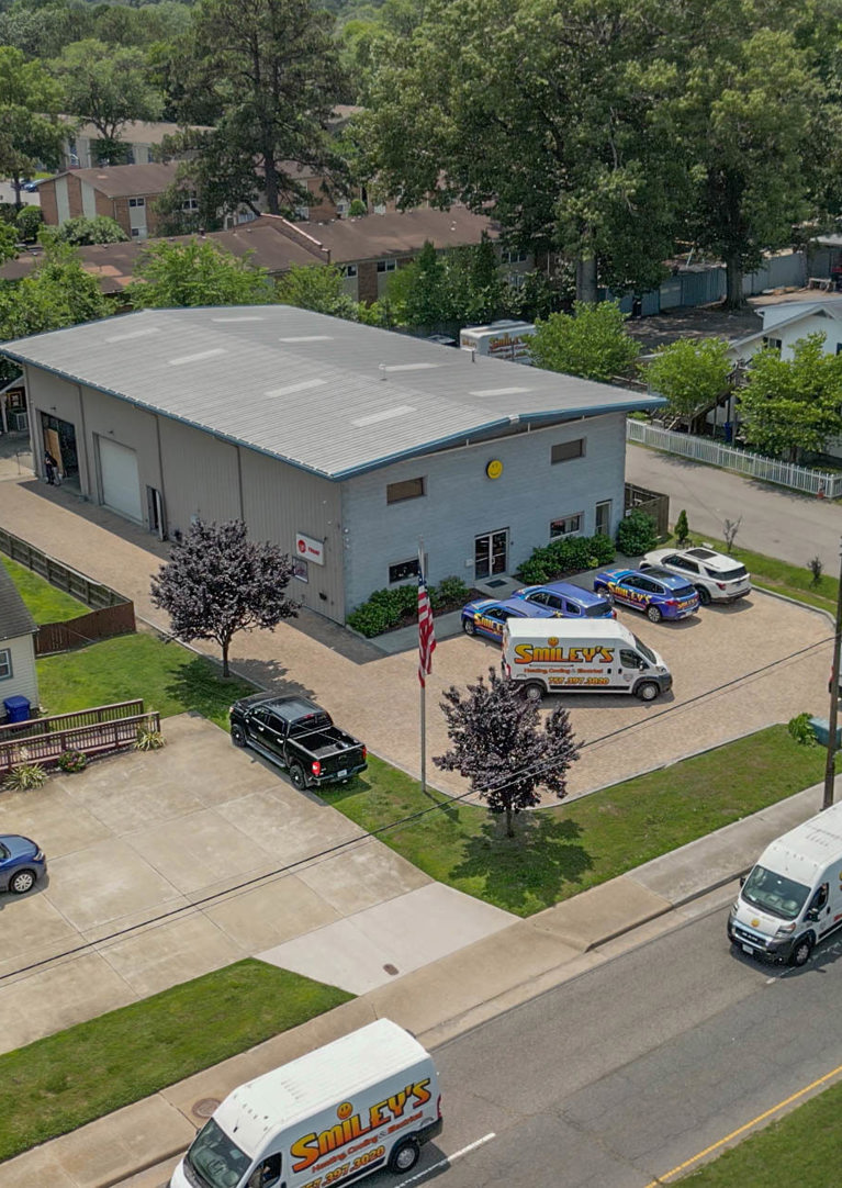 Aerial view of building and vans